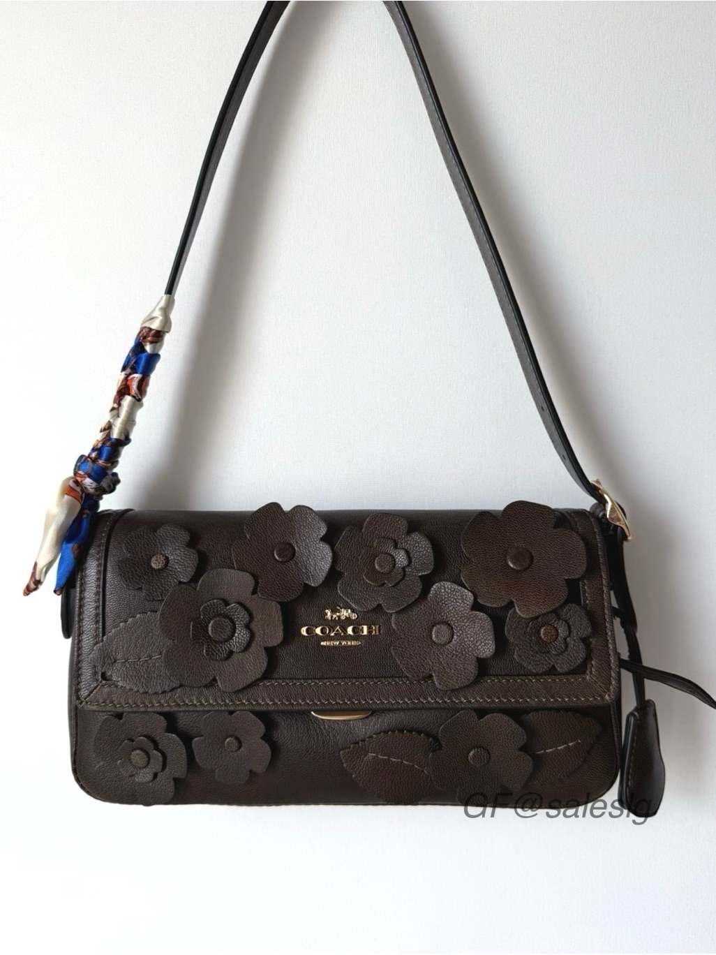 Nwt Coach Etta Floral Appliqu Shoulder Bag Maple Brown Styled With Silk Twilly